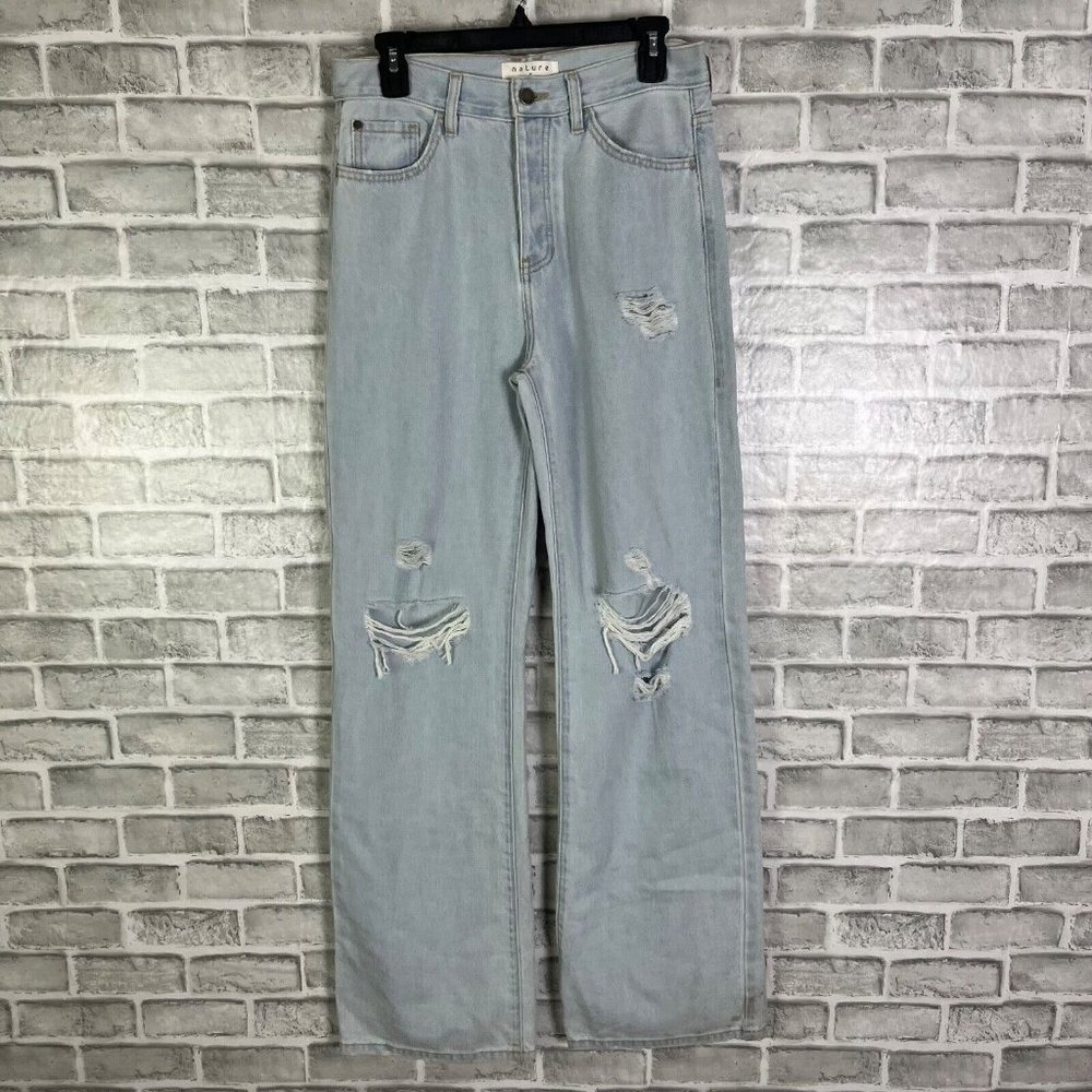 Kancan Women's Distressed Light Wash Denim Jeans Sz 7/27 Button Fly Wide Leg
